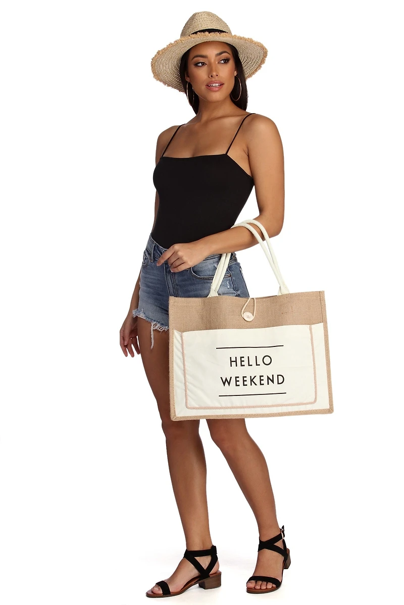 Hello Weekend Straw Tote Bag