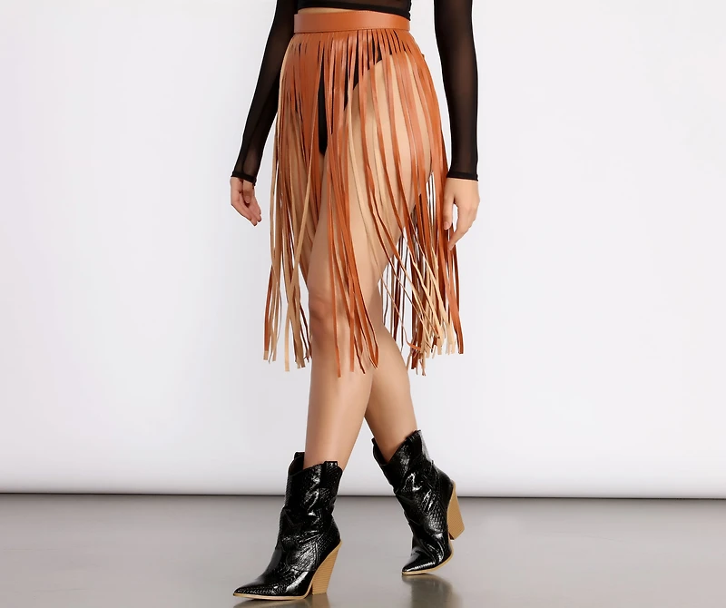 Rockin' Hun' Faux Leather Fringe Belted Skirt