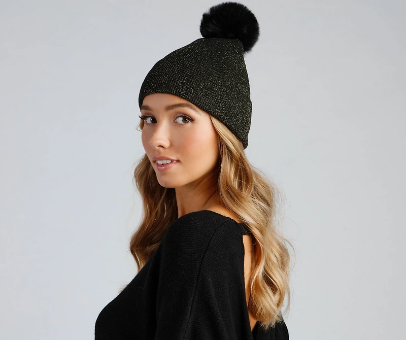 Shimmer Lurex Faux Fur Pom Beanie