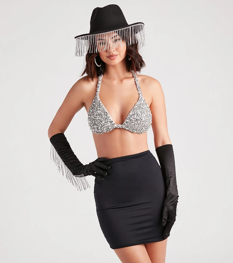 Such A Showstopper Rhinestone Fringe Satin Gloves