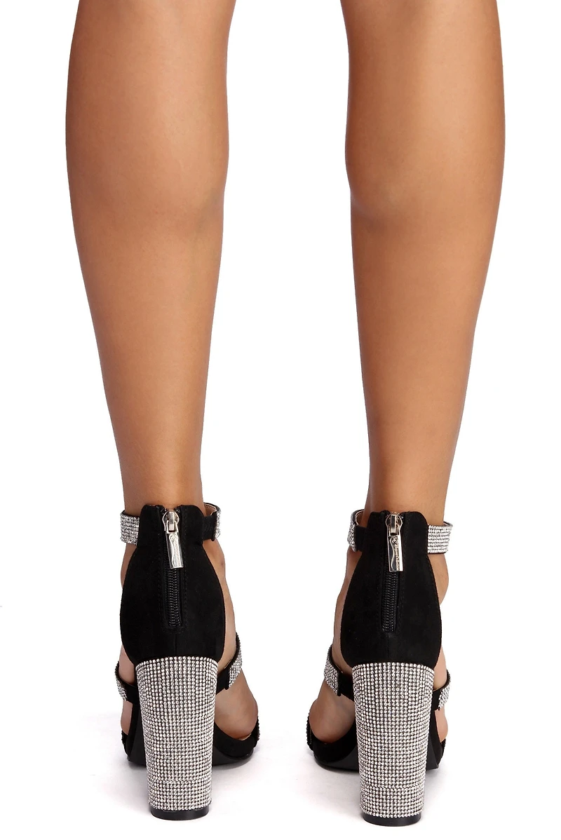 Triple Band Rhinestone Block Heel