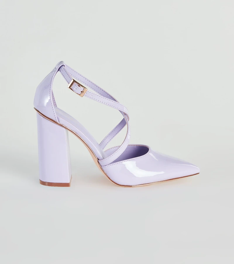 Cross My Path Patent Block Heel Pumps