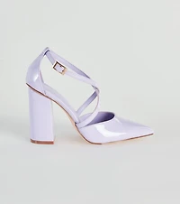Cross My Path Patent Block Heel Pumps