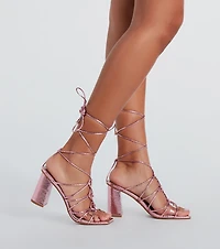 Fashionable Caged Lace-Up Metallic Heels