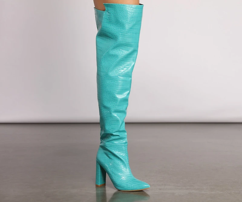 Fashionista Chic Croc Embossed Faux Leather Boots