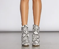 Come Thru Snake Print Clear Heeled Booties