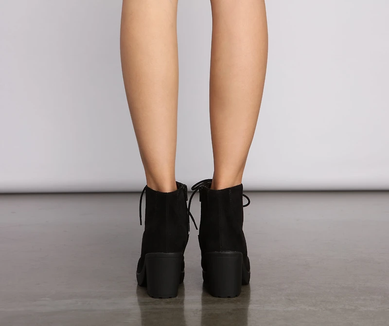 Lace Up Faux Suede Lug Booties