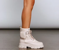 Faux Leather Lug Sole Booties With Pouch