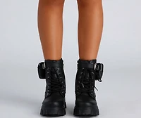 Faux Leather Lug Sole Booties With Pouch