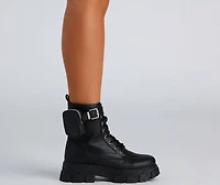 Faux Leather Lug Sole Booties With Pouch