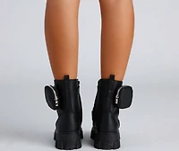 Faux Leather Lug Sole Booties With Pouch