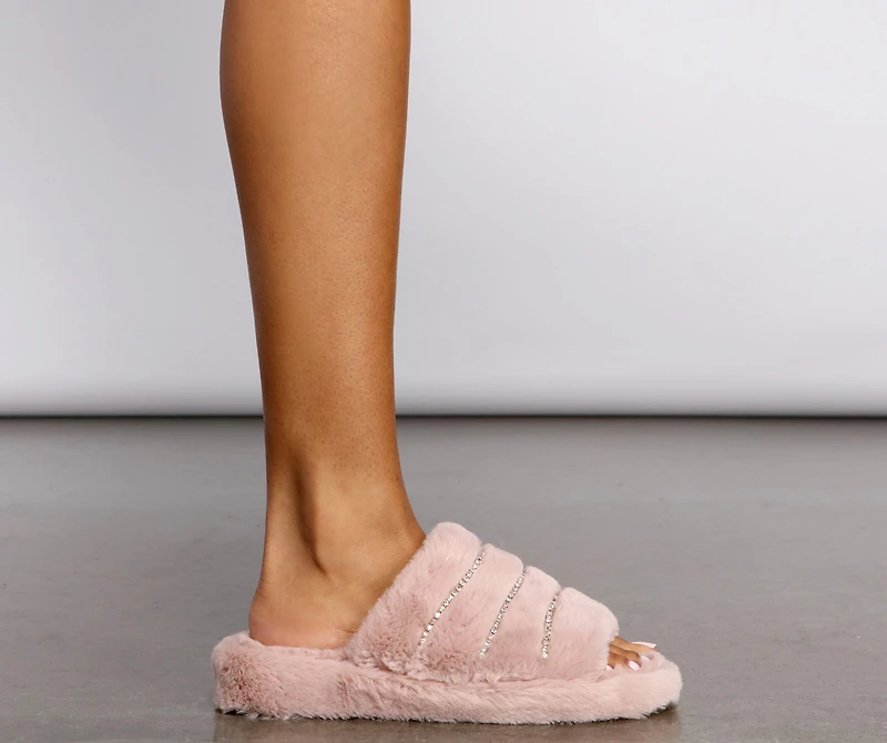 Dazzle On Rhinestone Faux Fur Slides