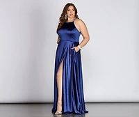 Plus Gabrielle Formal High Slit Satin Dress