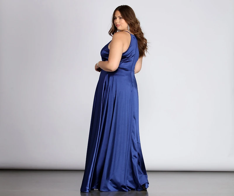 Plus Gabrielle Formal High Slit Satin Dress