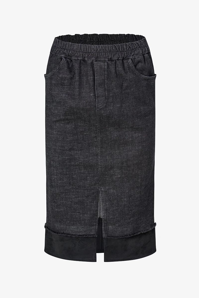 Women's Woven Denim And Faux Suede Combo Pull-On Skirt With A Front Slit | M