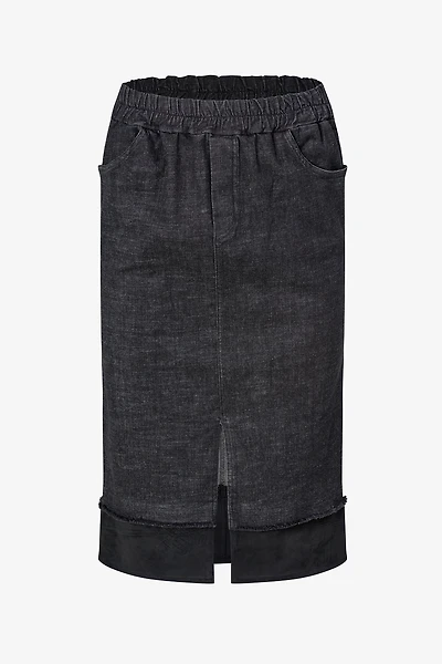 Women's Woven Denim And Faux Suede Combo Pull-On Skirt With A Front Slit | M
