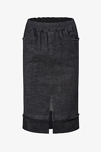 Women's Woven Denim And Faux Suede Combo Pull-On Skirt With A Front Slit | M