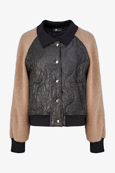 Women's Knit & Woven Combo Snap-Button Front Bomber Jacket | M