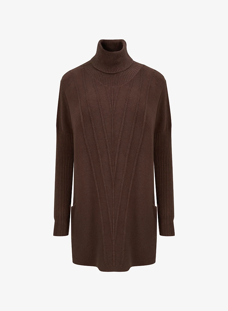 Women's Knit Vertical Rib Detailed Turtleneck Sweater With Long Sleeves And Front Patch Pockets | M