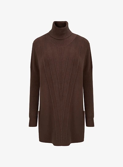 Women's Knit Vertical Rib Detailed Turtleneck Sweater With Long Sleeves And Front Patch Pockets | M