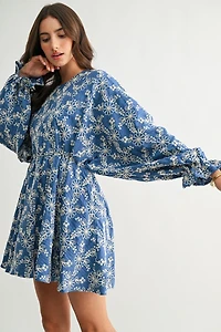 Blue Embroidered Long Sleeve Mini Dress