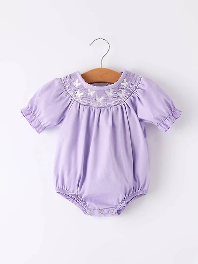Girls Butterfly Smocking Embroidered Purple Romper