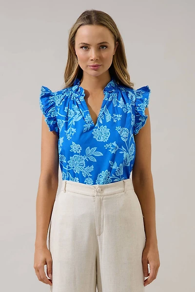 Blue Ruffle Floral Top