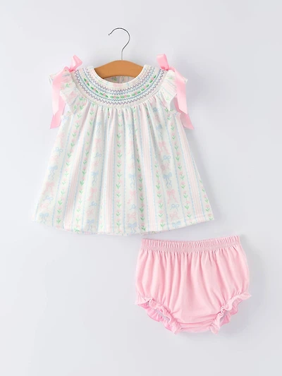Pink Bow Smocked Bloomer Set
