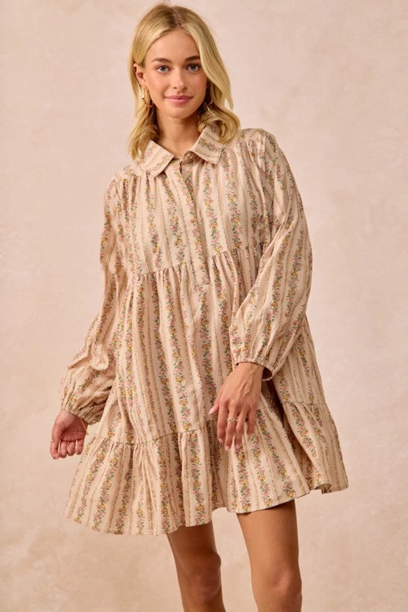Cream Floral Print Buttoned Shirt Dress