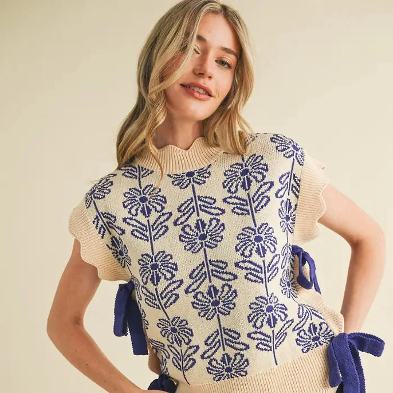 Blue Mock Neck Floral Sweater Vest