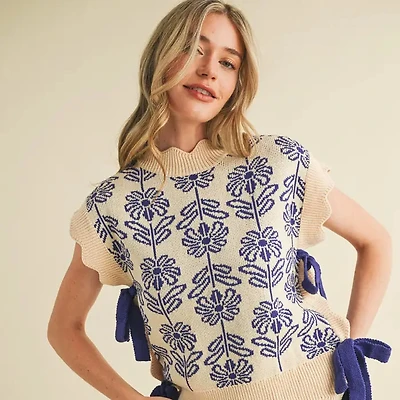 Blue Mock Neck Floral Sweater Vest