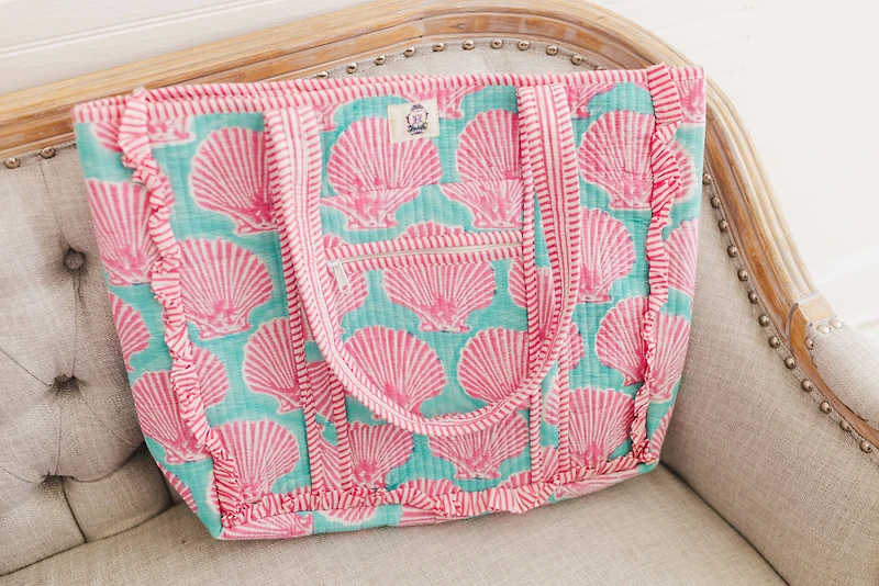 Sanibel Pink Shell | Large Quilted Ruffle Tote Bag