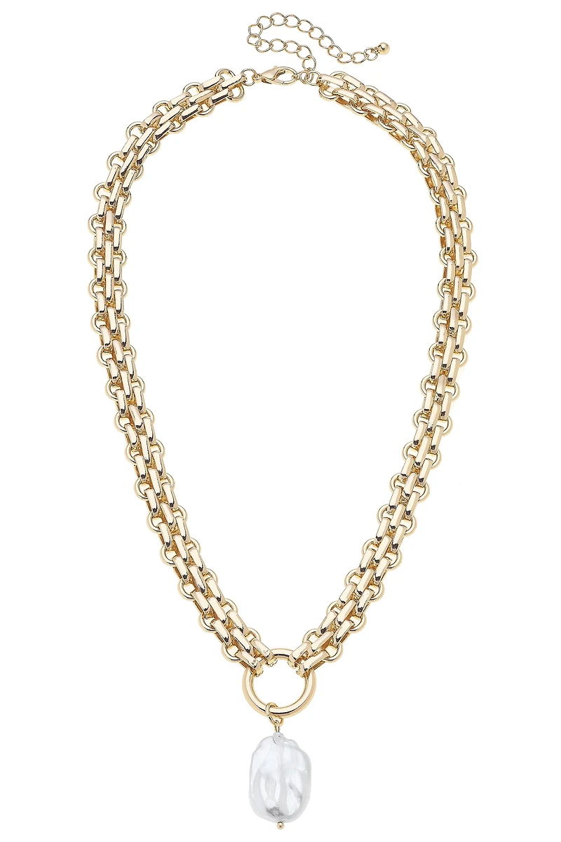 Lucille Chunky Link Pearl Pendant Necklace in Shiny Gold