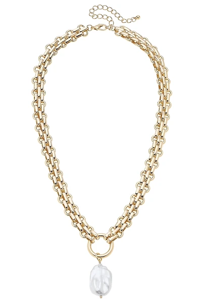 Lucille Chunky Link Pearl Pendant Necklace in Shiny Gold