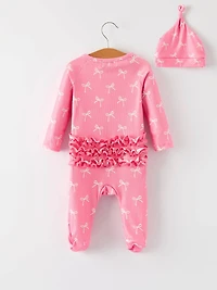 Christmas Bow Pink Romper with Hat: Sweet and Stylish Baby Outfit