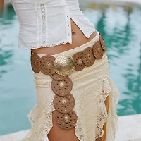 Brown & Gold Leather Grommet Disc Chain Belt