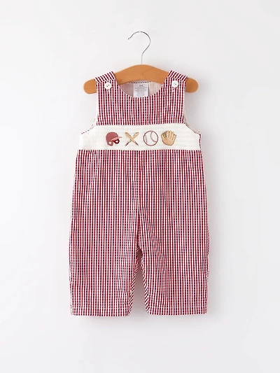 Baseball Baby Boys Smocking Embroidered Plaid