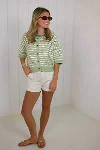 Green Striped Crochet Short Sleeve Cardigan