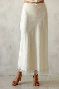 Ivory Satin Lace Trim Midi Skirt