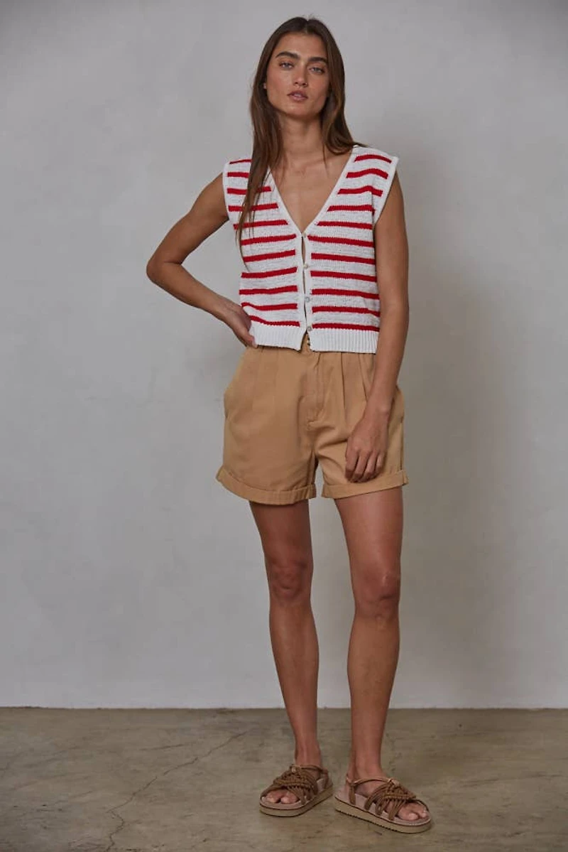 Red & White Striped Button Up Vest Top