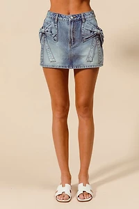 Bow Knot Pocket Denim Mini Skirt