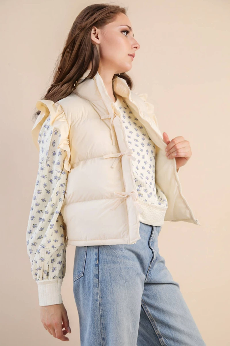 Cream Front Bow Puffer Vest