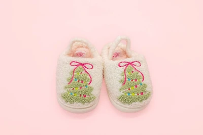 Toddlers Pink Bow Christmas Tree Slippers