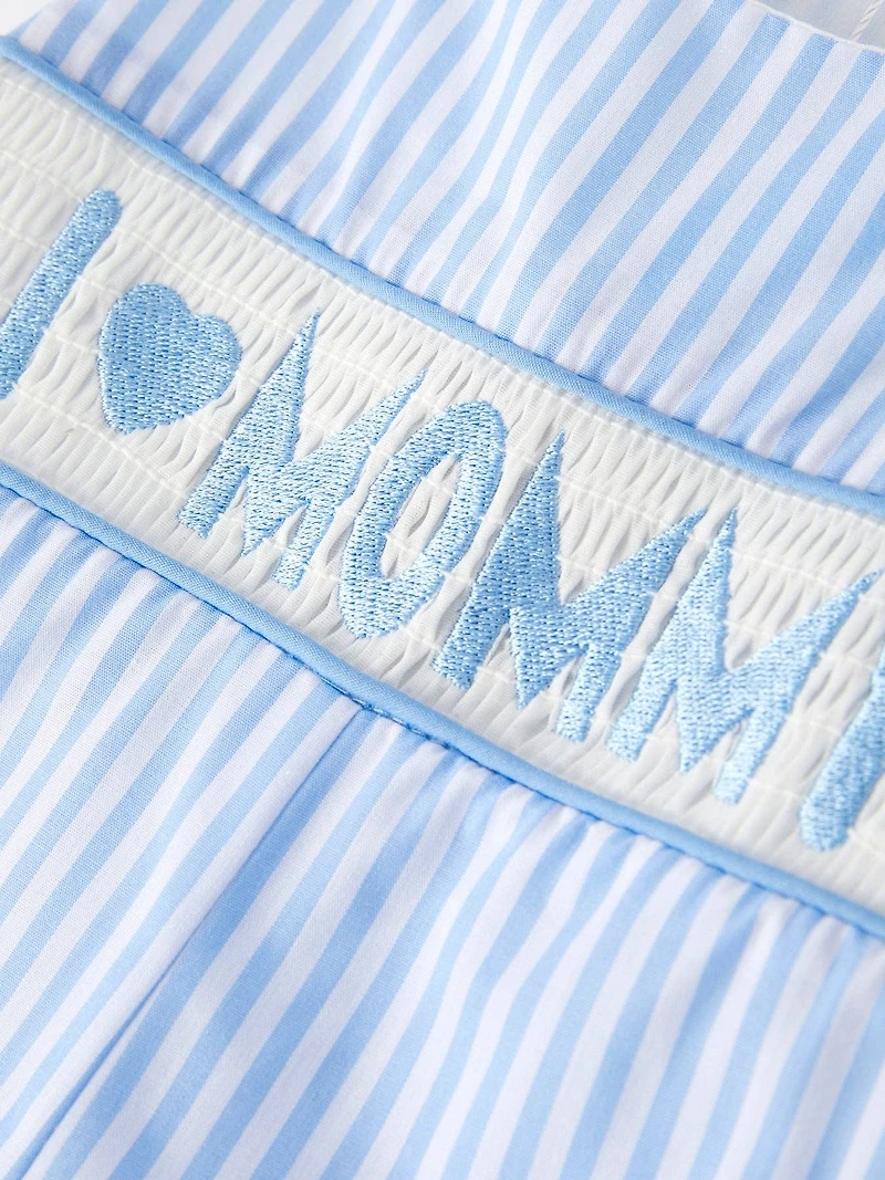 “I LOVE MOMMY”Embroidery Smocking Striped Baby Boys Romper