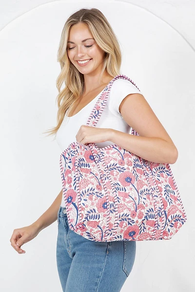 Pink Floral Quilted Tote Bag