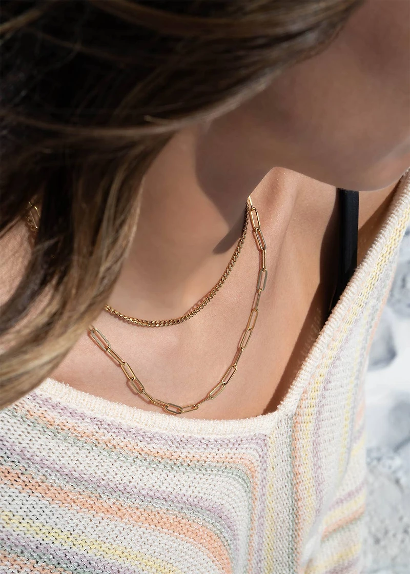 18K Gold Stainless Steel and Paperclip Layered Chain Necklace