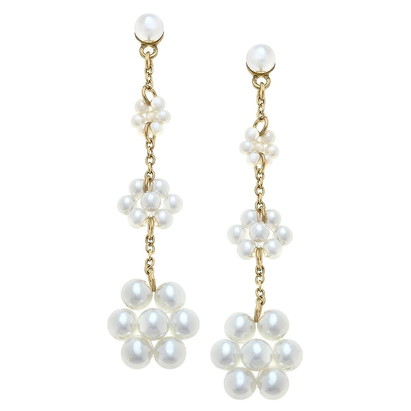 Lora Pearl Flower Drop Earrings in Worn Gold & Ivory