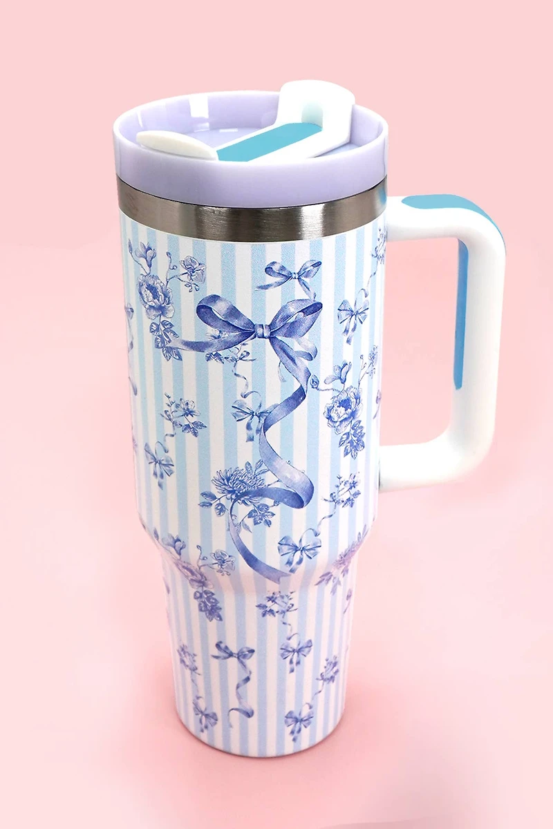 Blue Striped Floral Bow 40oz Tumbler