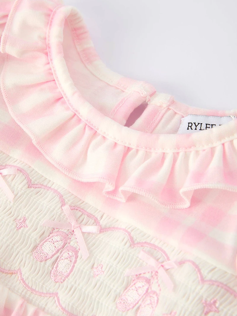 Pink Gingham  Romper with Ballet Shoe Embroidery