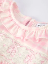 Pink Gingham  Romper with Ballet Shoe Embroidery